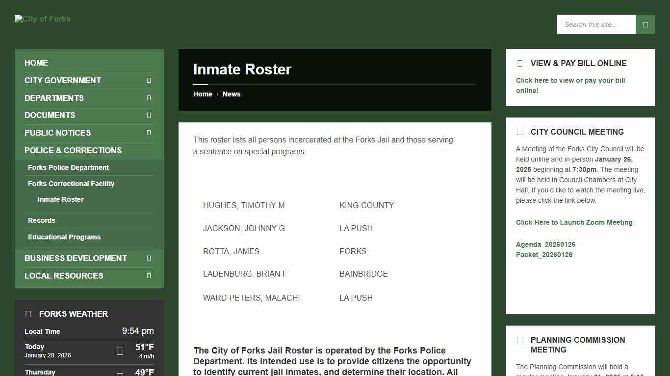Inmate Roster – City of Forks