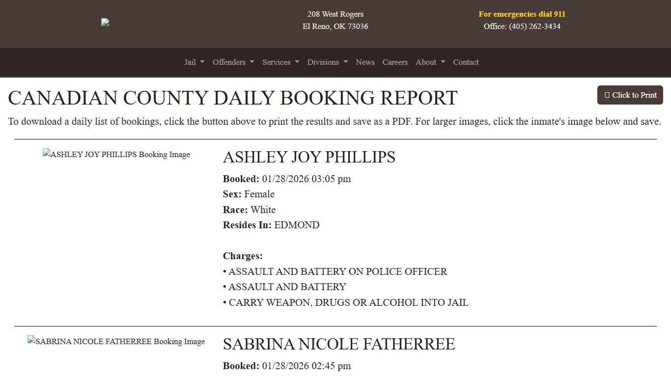 Daily Booking Report Canadian County Sheriff's Office